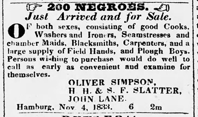 1833 advertisement by the Slatters to attract Georgia salve buyers to their establishment in Hamburg, South Carolina.